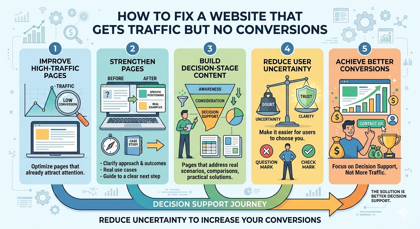 Infographic showing a 5-step process for improving websites with high traffic but low conversions, focusing on strengthening pages, building decision-stage content, and reducing user uncertainty.