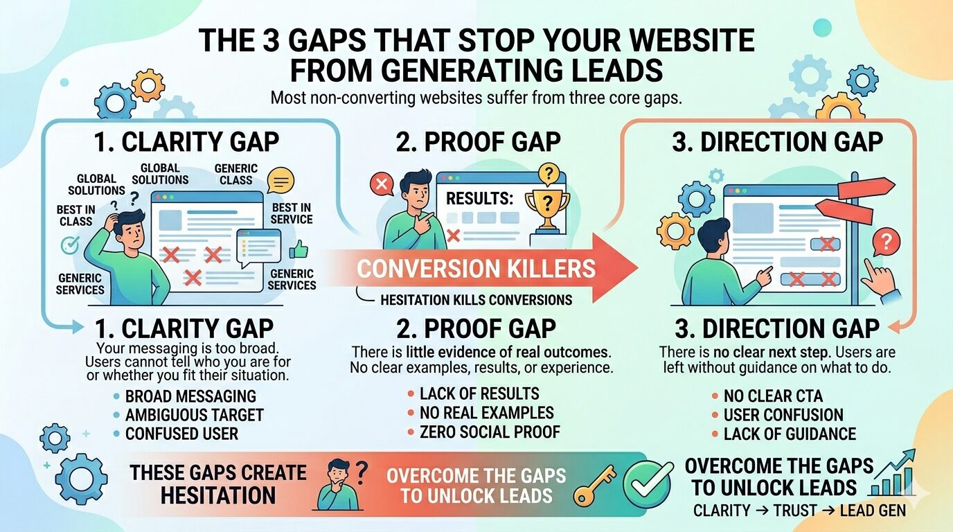 Infographic explaining the three core gaps in websites that prevent conversions: clarity gap, proof gap, and direction gap, with visual examples of each.