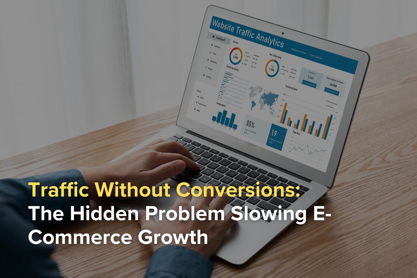 A person analyzing website traffic analytics on a laptop screen, representing the challenge of high traffic but low e-commerce conversions.