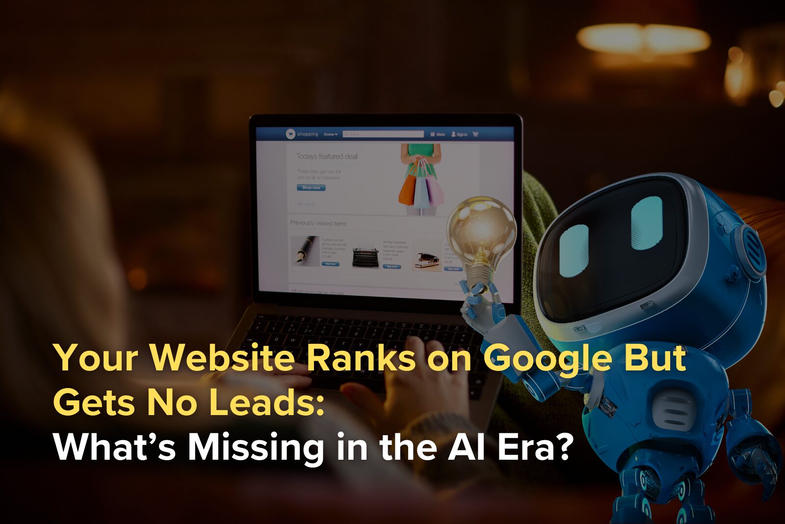 AI robot holding a lightbulb next to a laptop showing an online shopping page, symbolizing AI’s role in website conversion and lead generation.