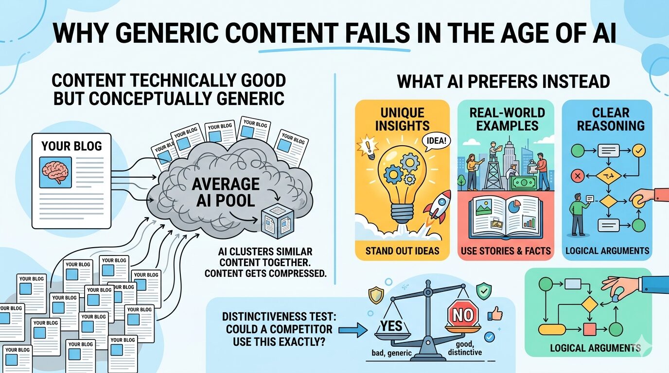 An infographic illustrating the difference between generic content and AI-preferred content, emphasizing the importance of unique insights, real-world examples, and clear reasoning.