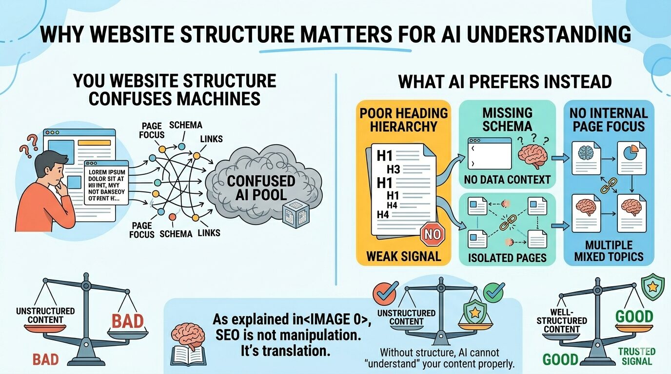 An infographic explaining the importance of website structure for AI, highlighting the need for proper hierarchy, schema, and focused content.