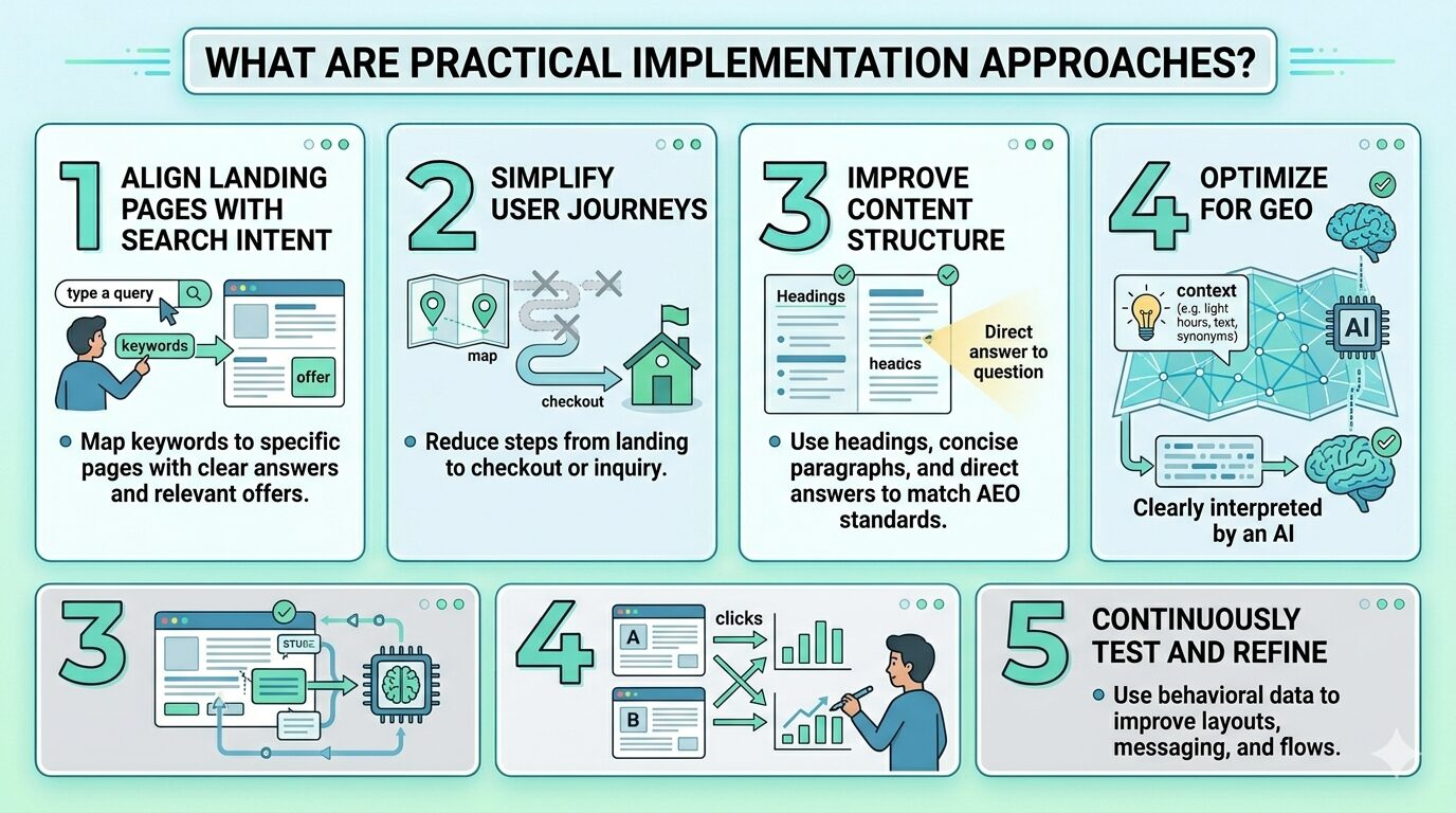 An infographic outlining practical conversion optimization strategies such as aligning landing pages with search intent, simplifying user journeys, improving content structure, optimizing for GEO, and continuous testing.
