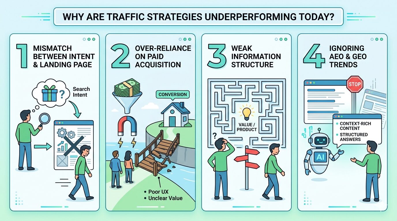 An infographic explaining why traffic strategies fail today, including intent mismatch, over-reliance on paid ads, weak information structure, and ignoring AEO and GEO trends