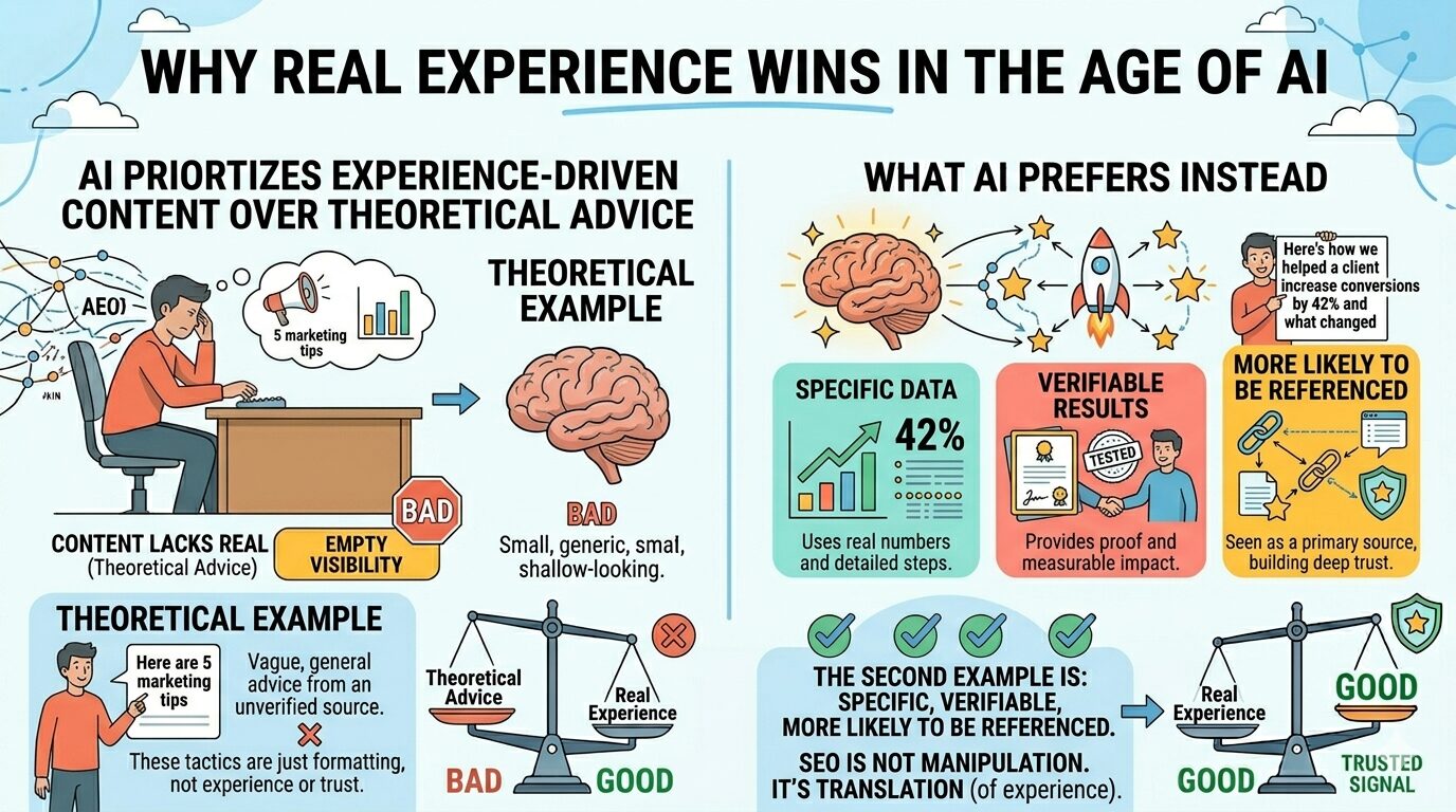 An infographic showing the importance of real, experience-driven content over theoretical advice in AI understanding.