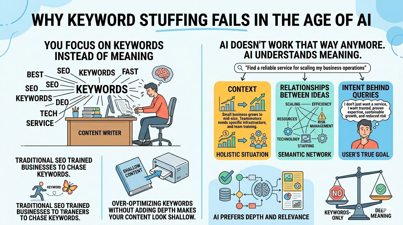 An infographic showing the failure of keyword stuffing in SEO and the shift towards AI understanding meaning, context, and relationships between ideas.