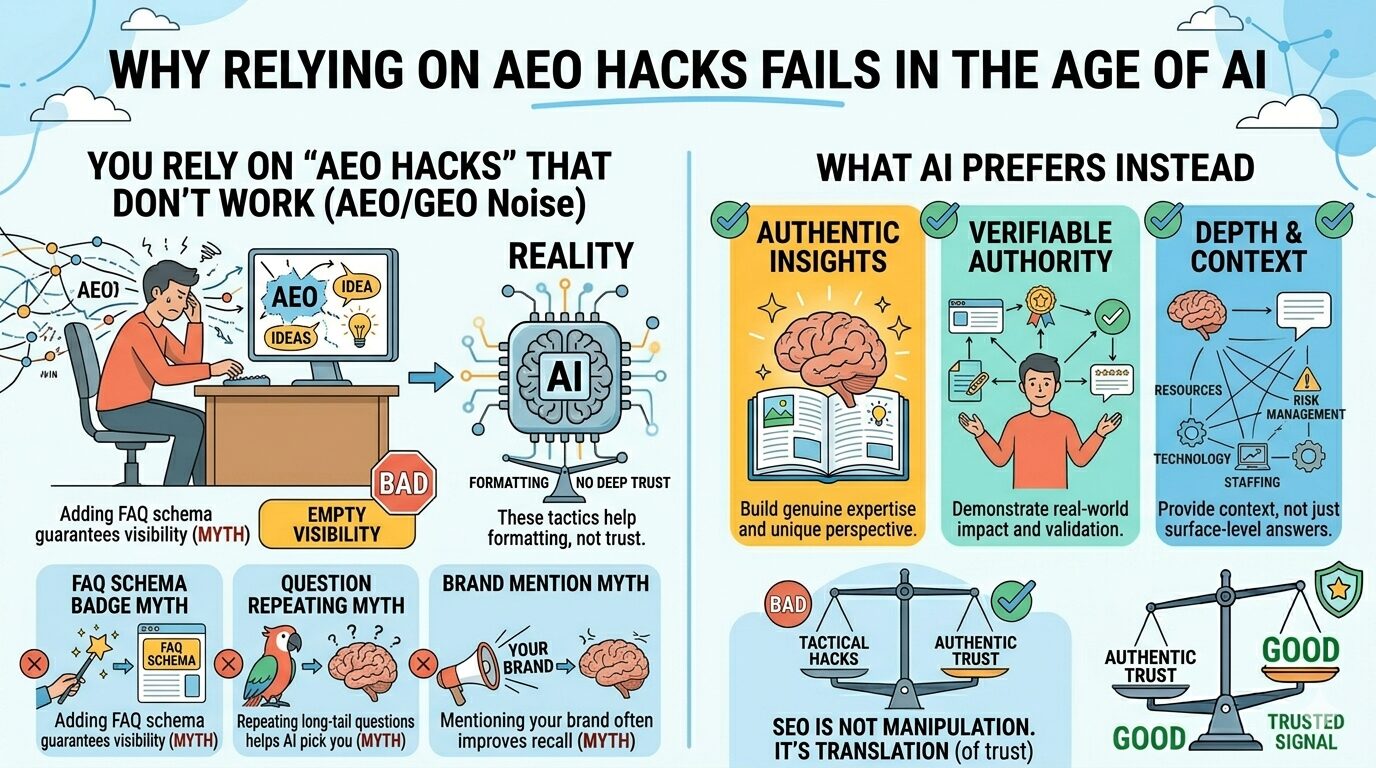 An infographic explaining why relying on AEO hacks like FAQ schema and brand mentions fails in the age of AI, and what AI prefers instead.