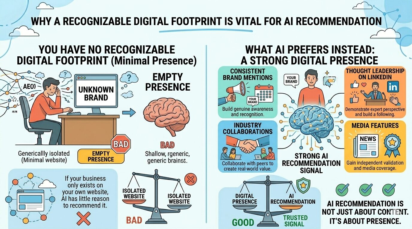 An infographic illustrating why a strong digital footprint is essential for AI recommendation, highlighting the importance of consistent brand mentions, industry collaborations, thought leadership, and media features.