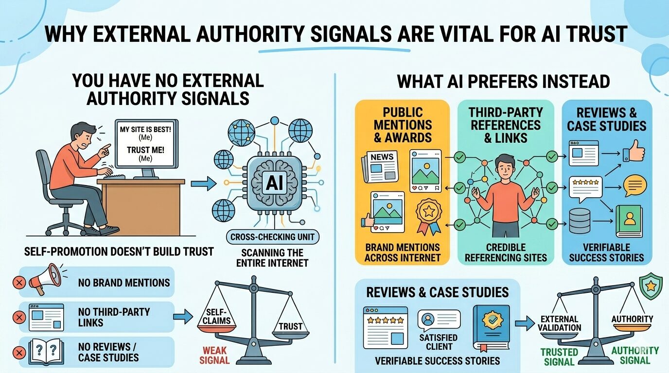 An infographic explaining why AI values external authority signals, such as public mentions, third-party references, and case studies, over self-promotion.