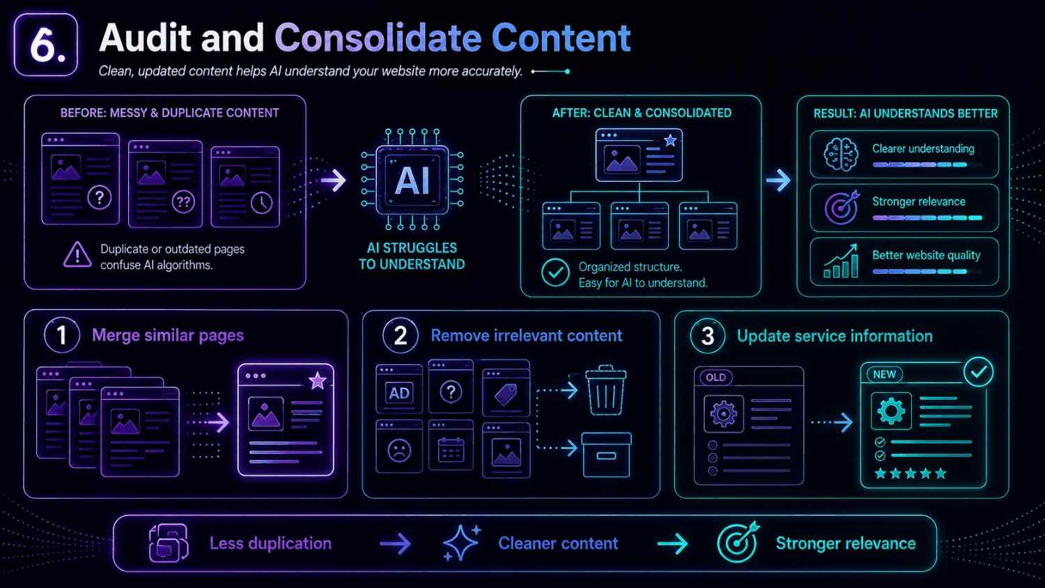 An infographic showing how content audits, removing outdated pages, and consolidating duplicate content improve AI understanding and website relevance.
