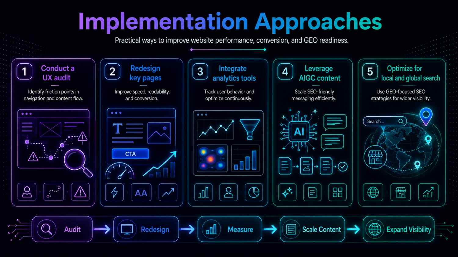 An infographic outlining practical website improvement strategies, including UX audits, page redesign, analytics integration, AI-generated content, and GEO-focused optimization.