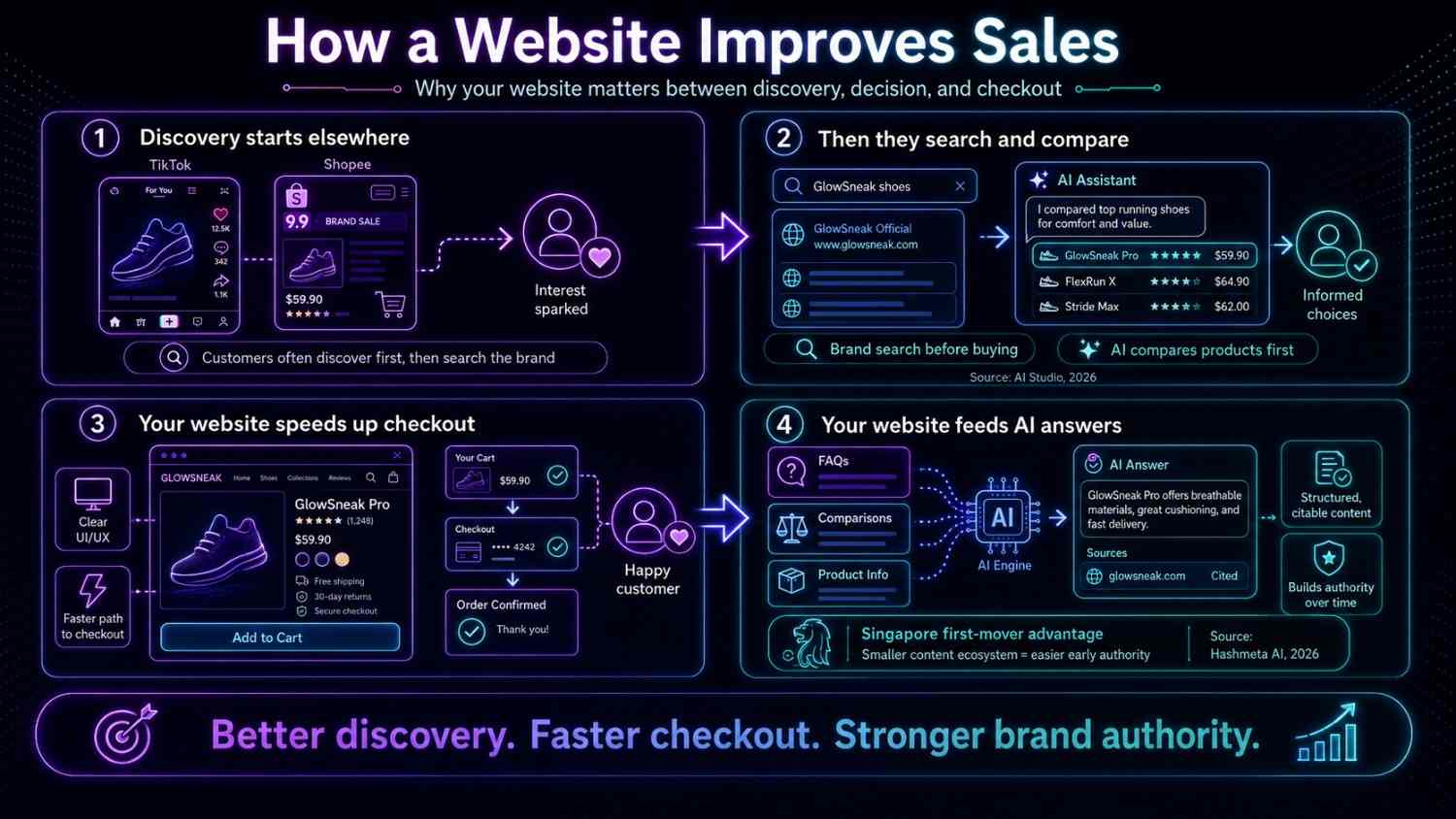 An infographic illustrating how a business website improves product discovery, AI visibility, customer trust, faster checkout, and long-term sales growth.