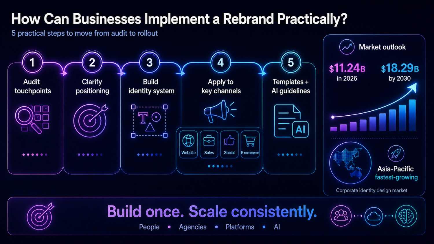 Infographic showing five practical steps for implementing a corporate identity rebrand from audit to rollout.